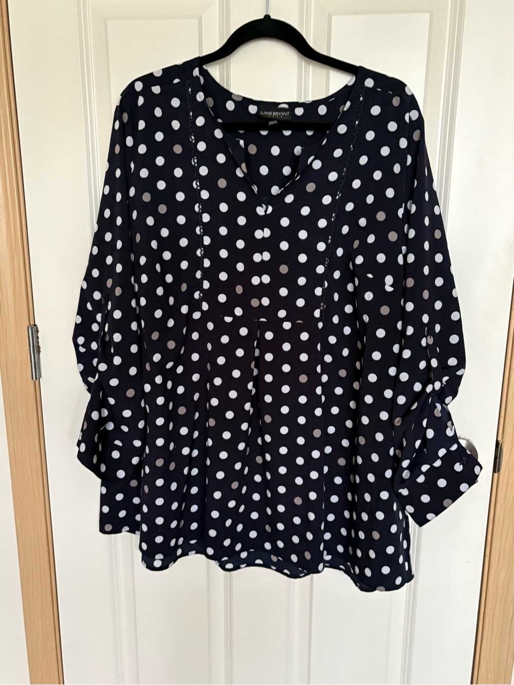 Lane Bryant Navy Polka Dot V-Neck Peplum Top
